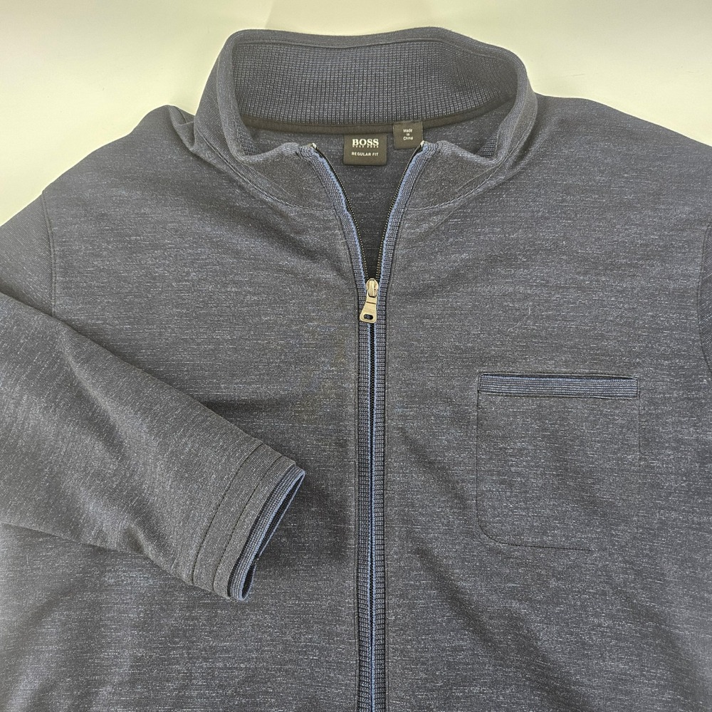Hugo Boss Mens Regular Fit Full Zip Sweater Navy Blue Space Dye Cotton Blend XL